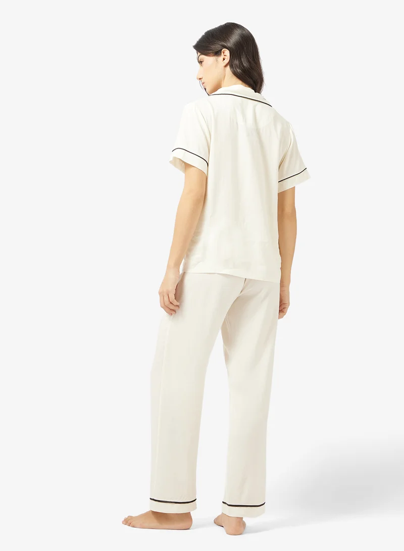 Ginger Button Down Shirt & Pyjama Set with Contrast Trim